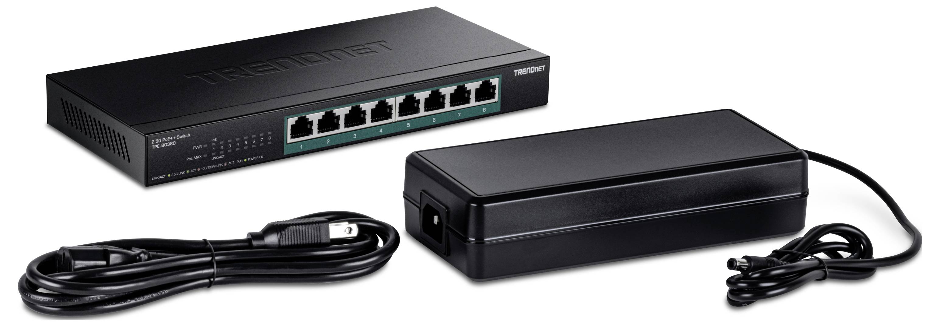 An 8-port network switch with power adapter and cables, typically used to expand a local area network by connecting multiple devices.