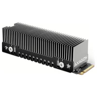 'A black heatsink labeled AXAGON designed for cooling hardware components, with a metallic structure and a PCIe connector on one end.'