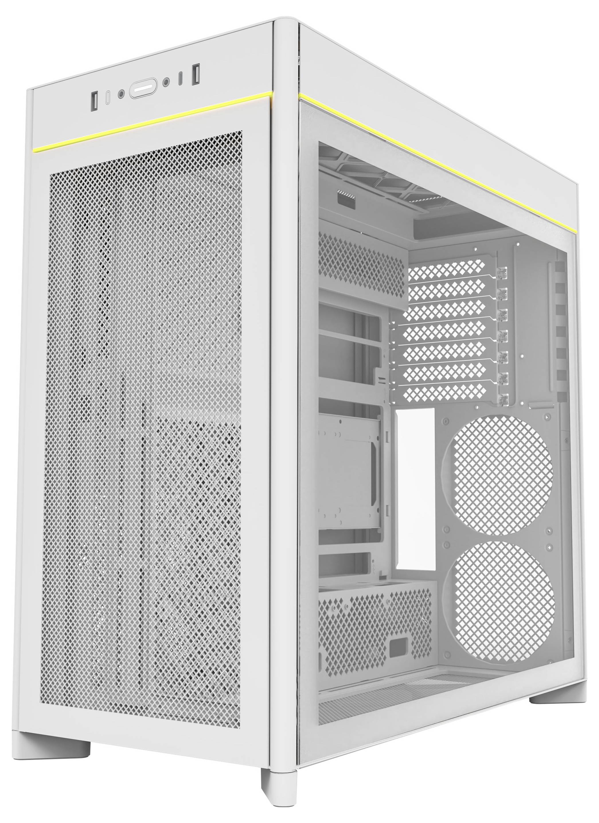A sleek, white computer case with a mesh front and side panel for ventilation, featuring a top I/O panel and space for cooling fans.