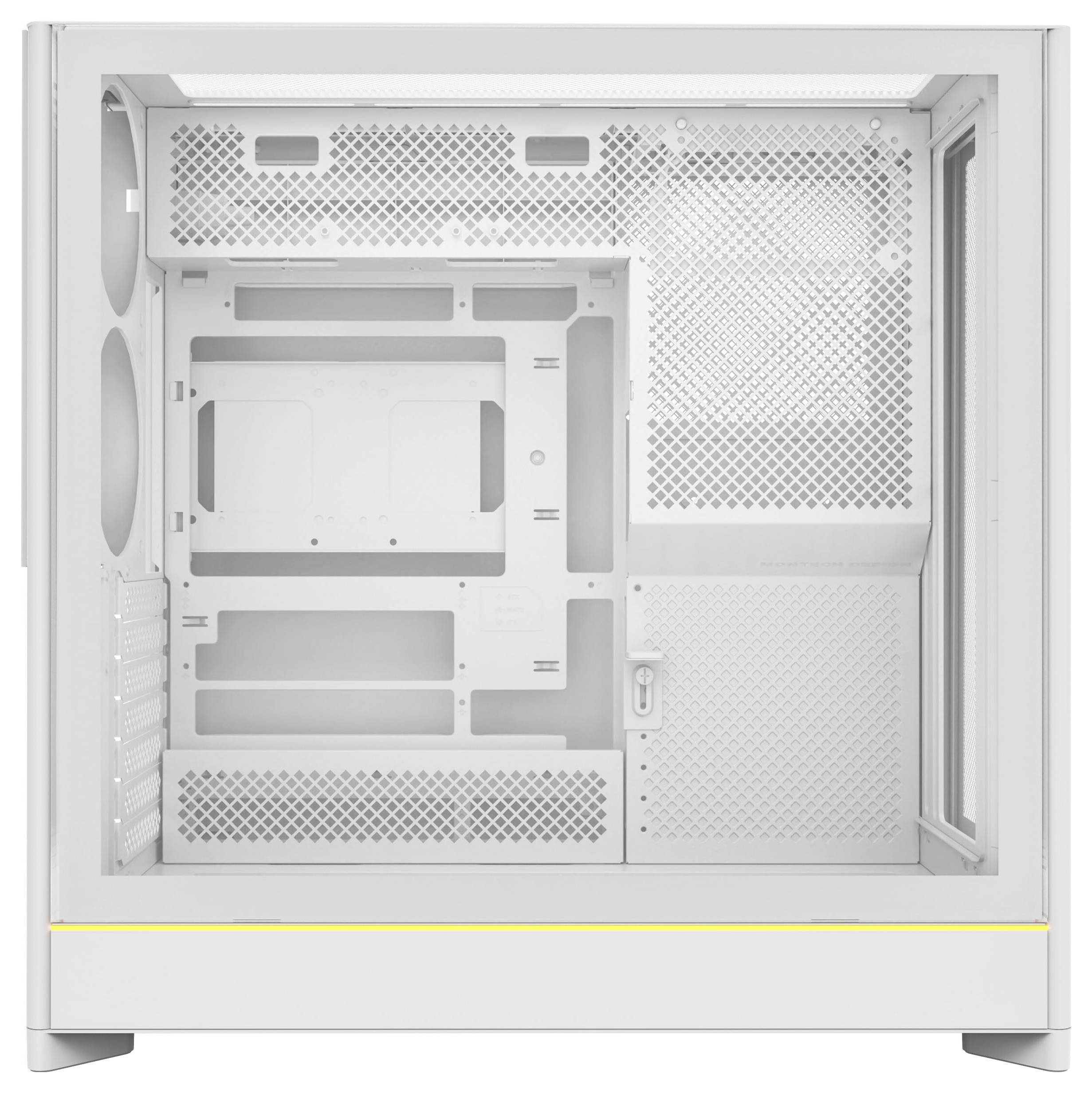 A white computer case with open interior, showing slots for components and ventilation grilles, viewed from the side.