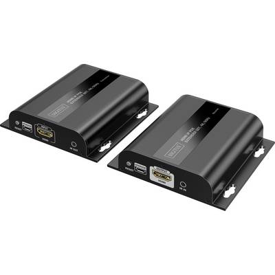 Two black HDMI extender devices. Each has ports labeled 'HDMI Out' and 'HDMI In' along with USB and power ports. Used for extending video signals.