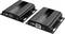 Two black HDMI extender devices. Each has ports labeled 'HDMI Out' and 'HDMI In' along with USB and power ports. Used for extending video signals.