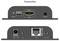 'Transmitter' labeled device showing front and back panels. Front: RESET button, UPGRADE USB port, HDMI input, IR OUT. Back: DC 5V input, TX Ethernet port, PoE marked.