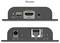 Two views of a receiver device. Top view: reset button, upgrade port, HDMI output, IR in. Bottom view: DC power, Ethernet port (RX, POE).