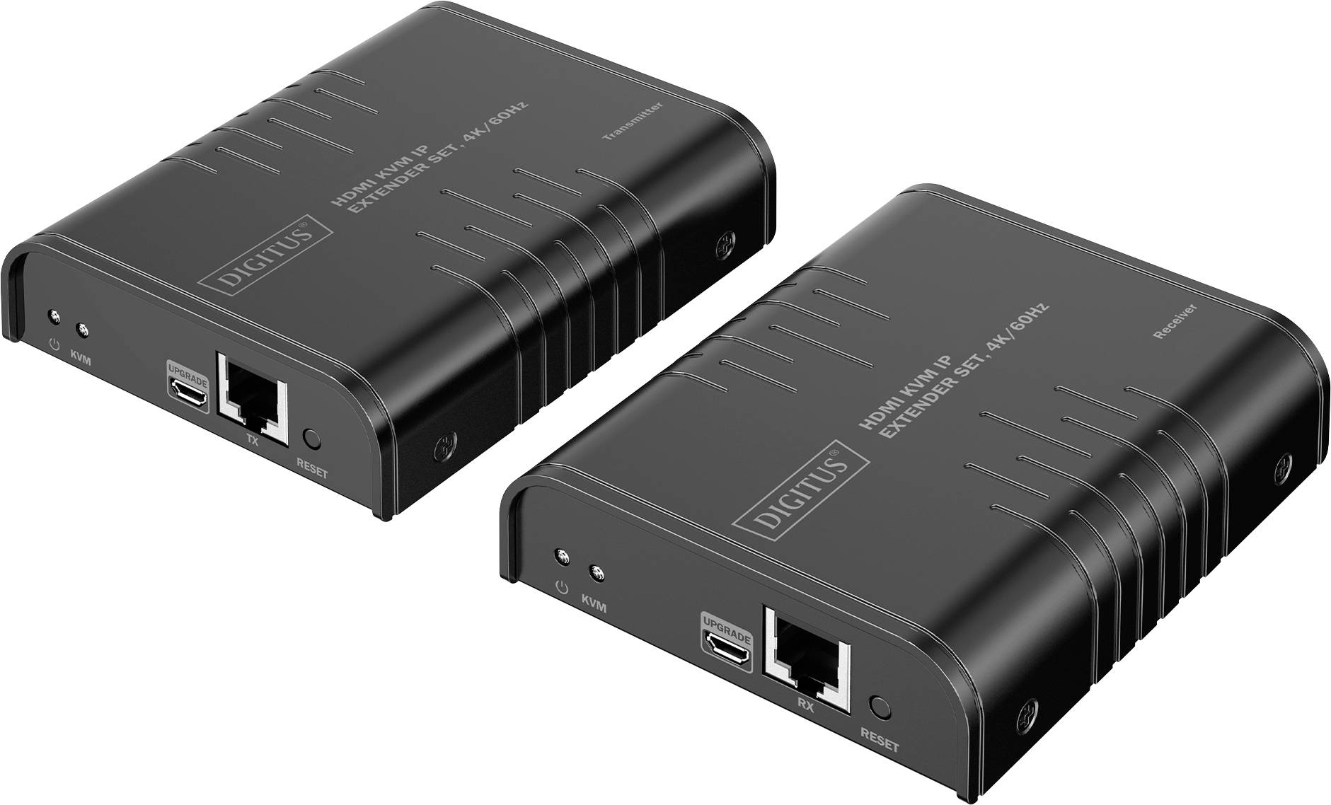 'Two black HDMI extenders with Ethernet ports, USB slots, and reset buttons. Each labeled 'DIGITUS.' Positioned side by side.'