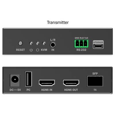 'Transmitter device with ports and controls. Front: Reset button, KVM switch, L/R audio, RS-232 connector, Upgrade USB-C. Back: DC 5V input, PC HDMI, HDMI In/Out, SFP, TX indicator.'