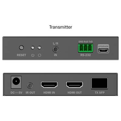'Transmitter device with ports and connectors: RS-232, HDMI IN, TX SFP, IR OUT, RESET button, and DC 5V input.'