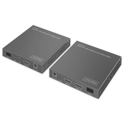 Two rectangular black electronic devices with HDMI input and output ports, labeled 'Digitus' on the surface, positioned side by side.