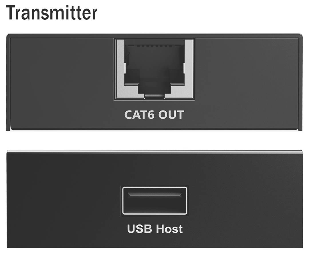 'Transmitter' device showing a 'CAT6 OUT' port and a 'USB Host' port for connectivity.