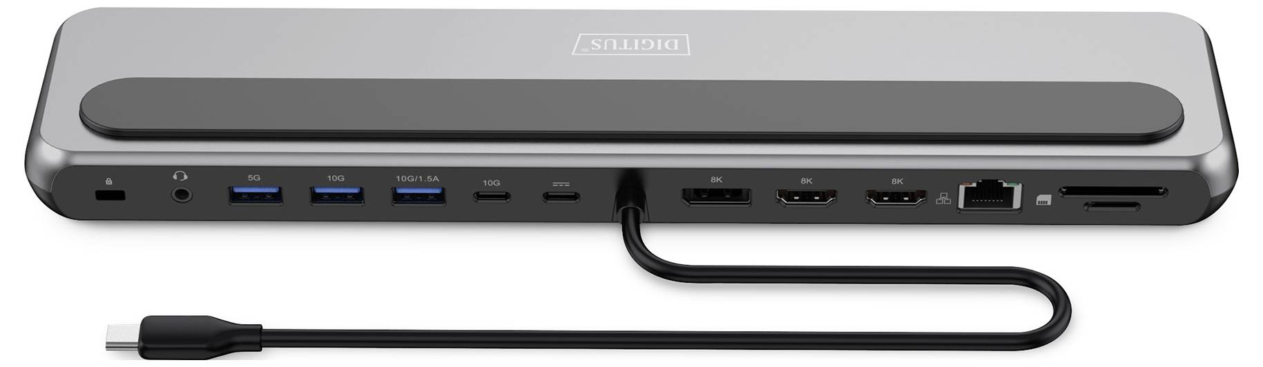 A silver docking station with multiple ports, including USB, HDMI, Ethernet, and SD card slot, shown from the back with a connected cable.