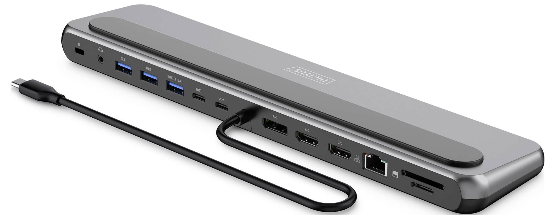 A sleek, metallic multi-port docking station with USB, Ethernet, HDMI, and SD card slots, connected via a USB-C cable.