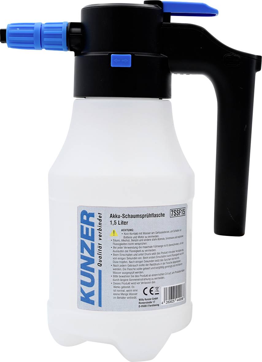 A white Kunzer foam spray bottle with a 1.5-liter capacity, blue nozzle, black handle, and label detailing usage instructions.