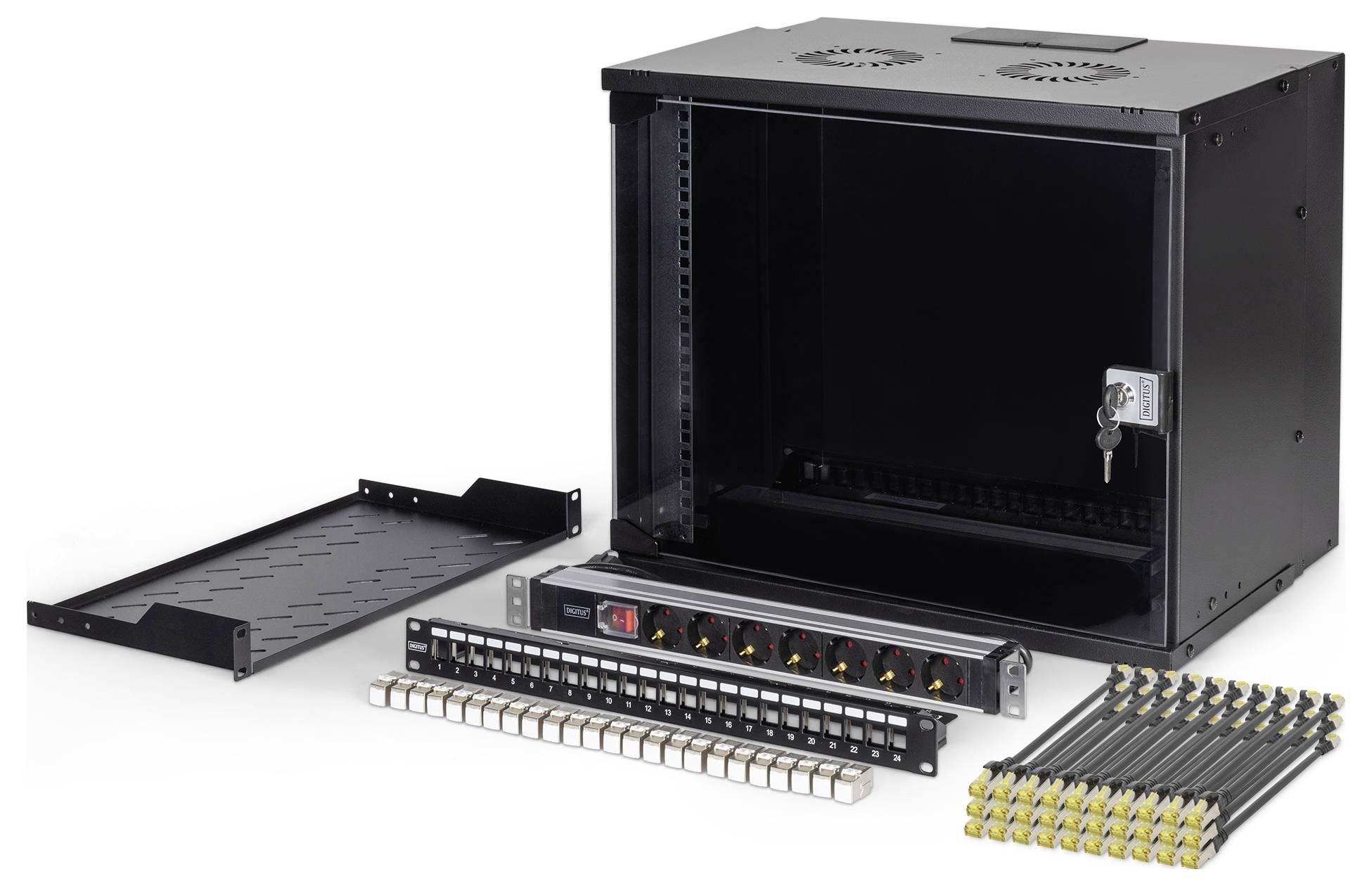 Network equipment bundle includes a black wall-mounted cabinet, patch panel, power distribution unit, and network cable connectors.