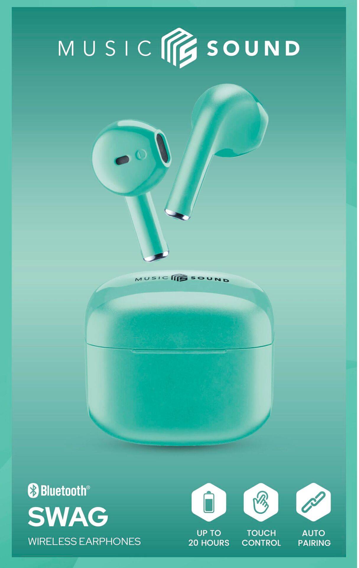 'Music Sound' Bluetooth wireless earphones in blue. Features: up to 20 hours playtime, touch control, auto pairing.