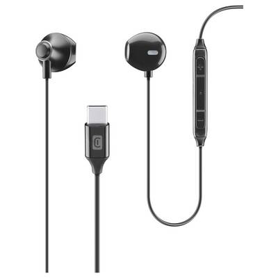 Black wired earphones with a USB-C connector and an inline control module with buttons for volume and playback, shown on a white background.