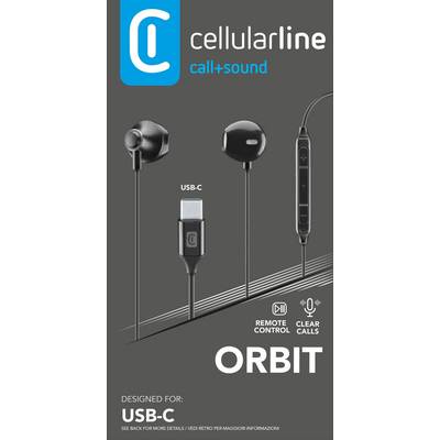 'Cellularline Orbit' USB-C earphones advertisement highlighting features like remote control and clear calls.