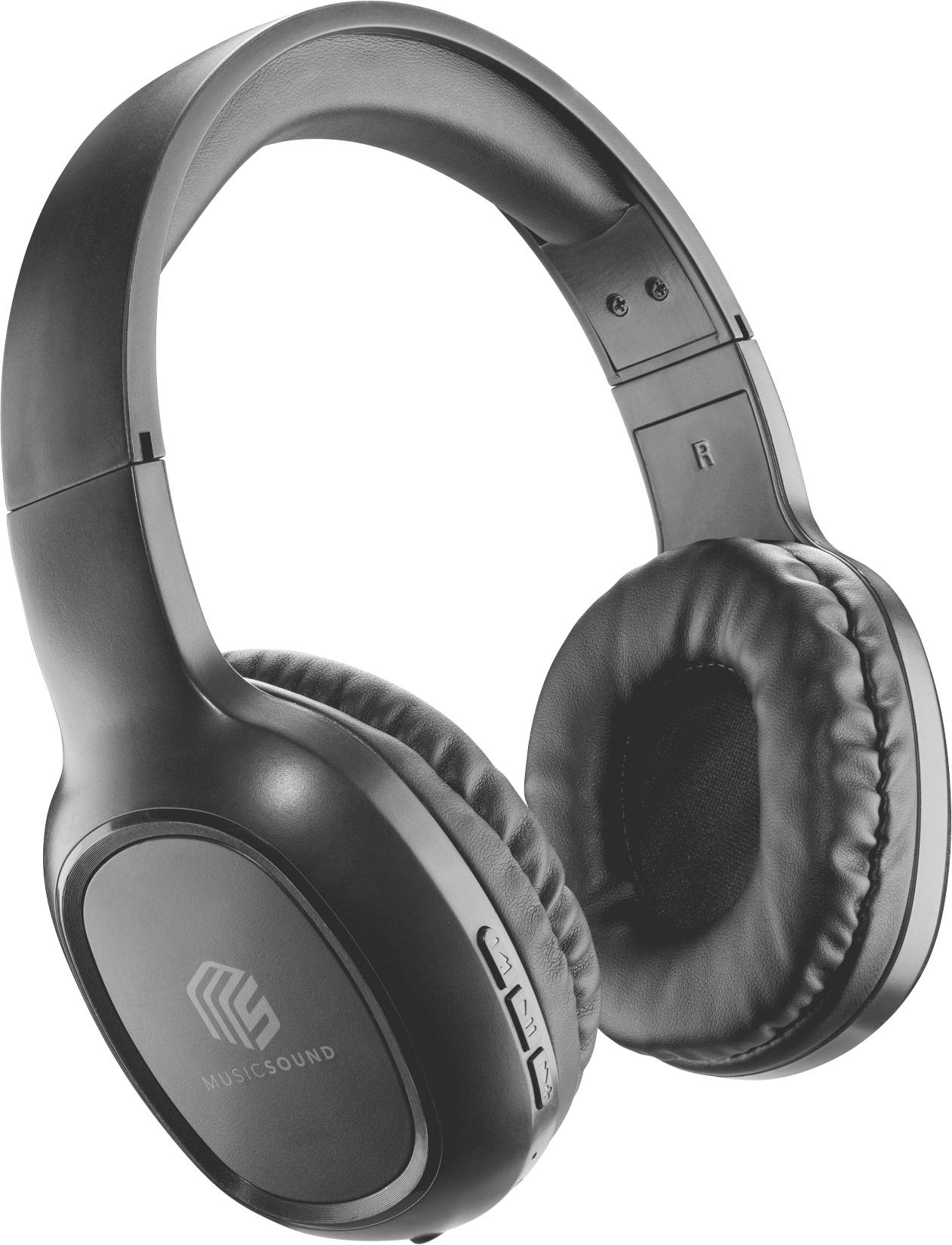 'Black over-ear headphones with cushioned ear pads and a logo on the side.'