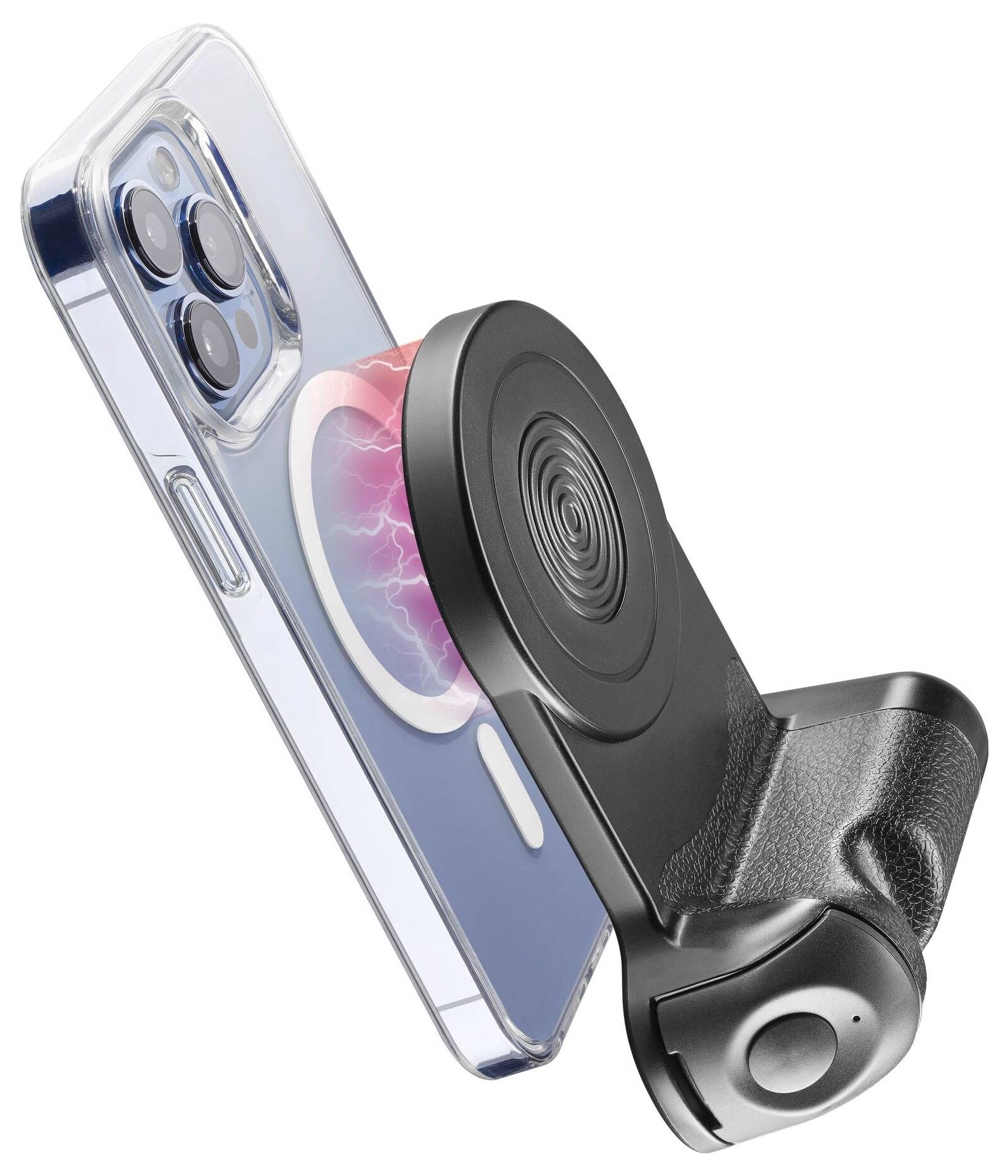 'Magnetic phone holder with circular grip attached to the back of a smartphone, showcasing the device's secure attachment functionality.'