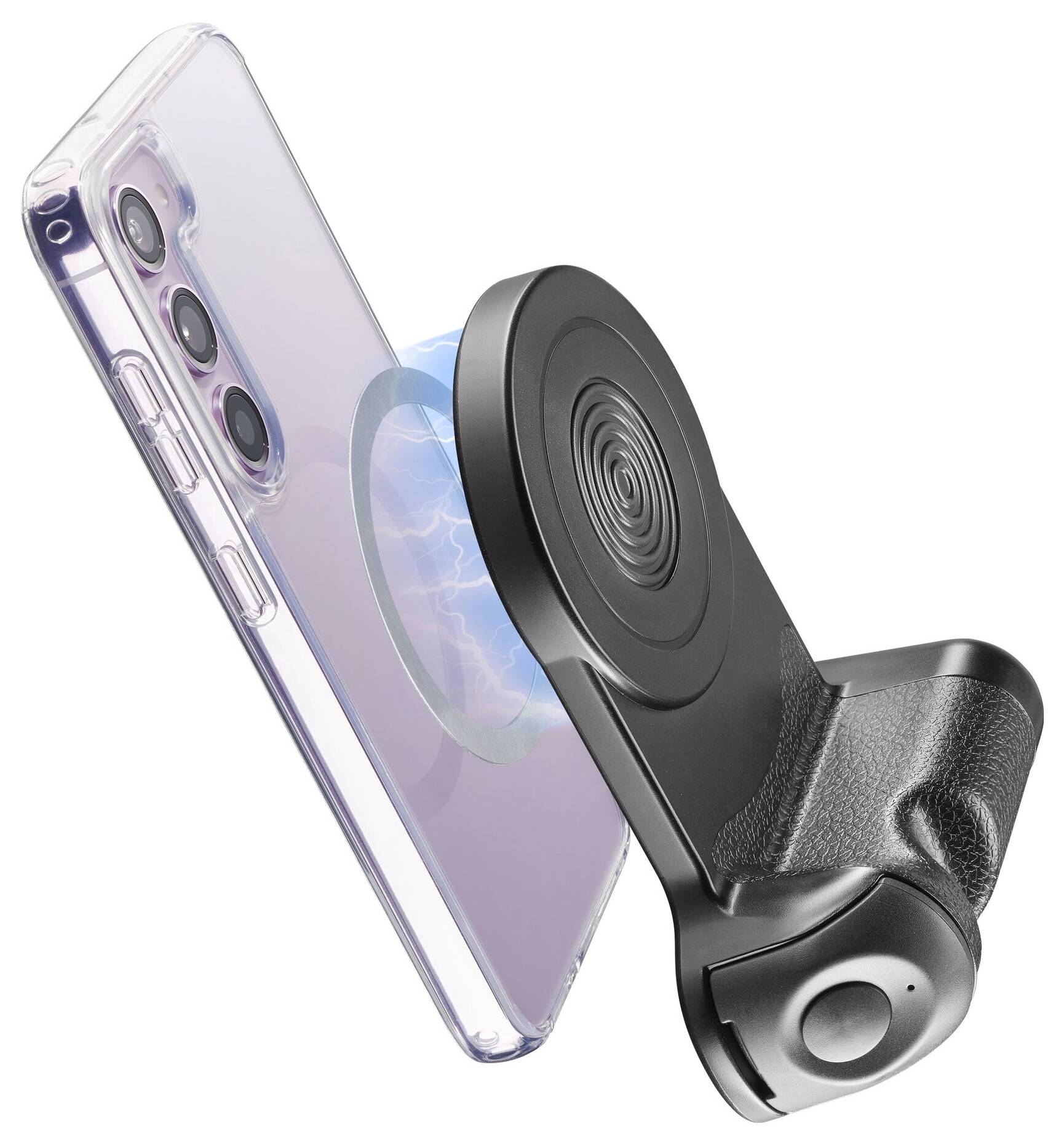 A smartphone in a clear case connects to a black magnetic car mount with a circular pattern, highlighting wireless attachment.