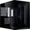 A transparent, black PC case with visible vents and expansion slots, showcasing a minimalist design intended for building custom computers.