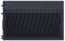'Front view of a black air conditioning unit with a vented grill design and a control panel on the top right corner.'