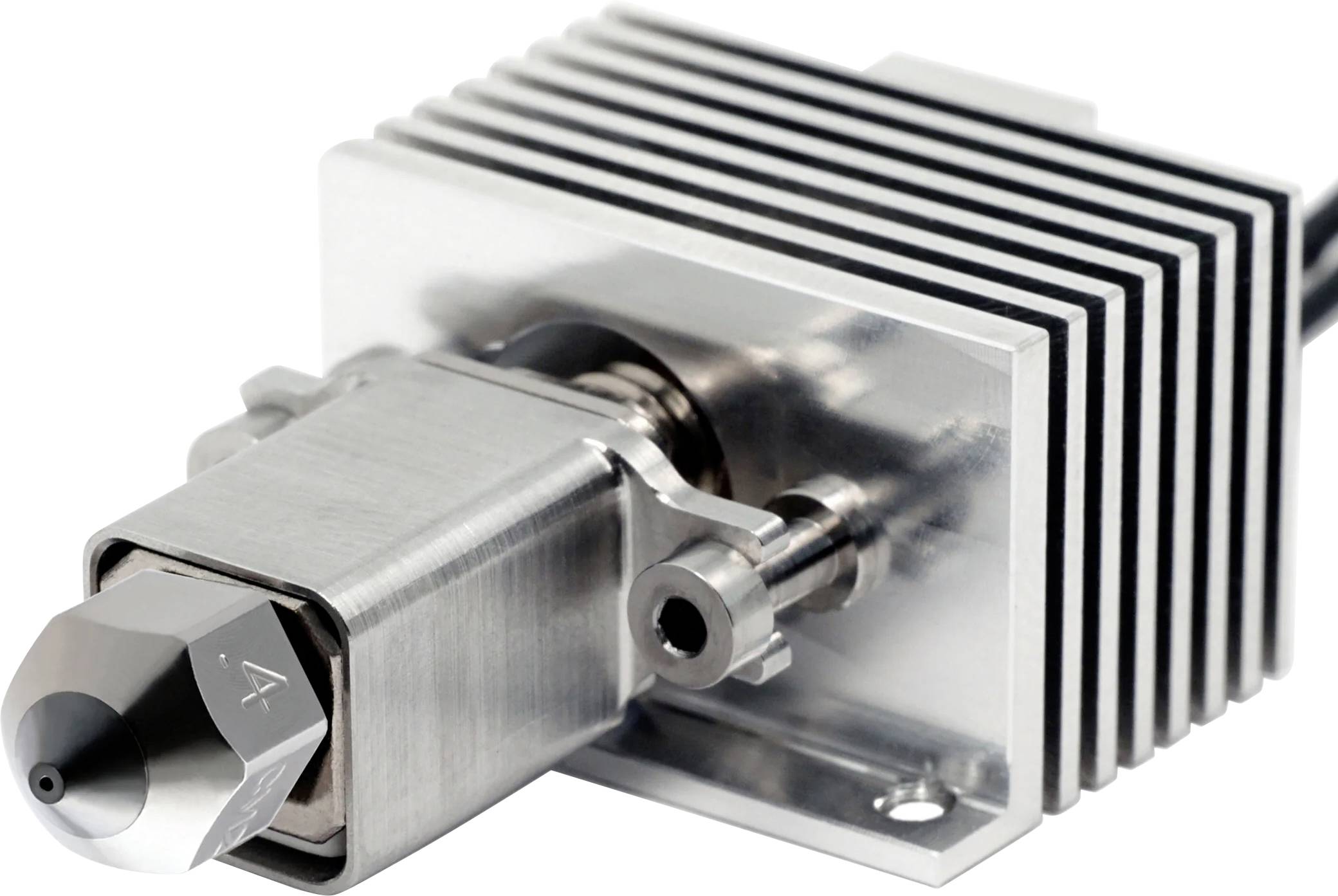 A metal block with multiple fins and a protruding nozzle, likely part of a 3D printer's extruder or hot end assembly for cooling.