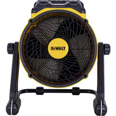 A yellow and black portable DeWALT fan with a circular face and sturdy frame, designed for construction or job site use.