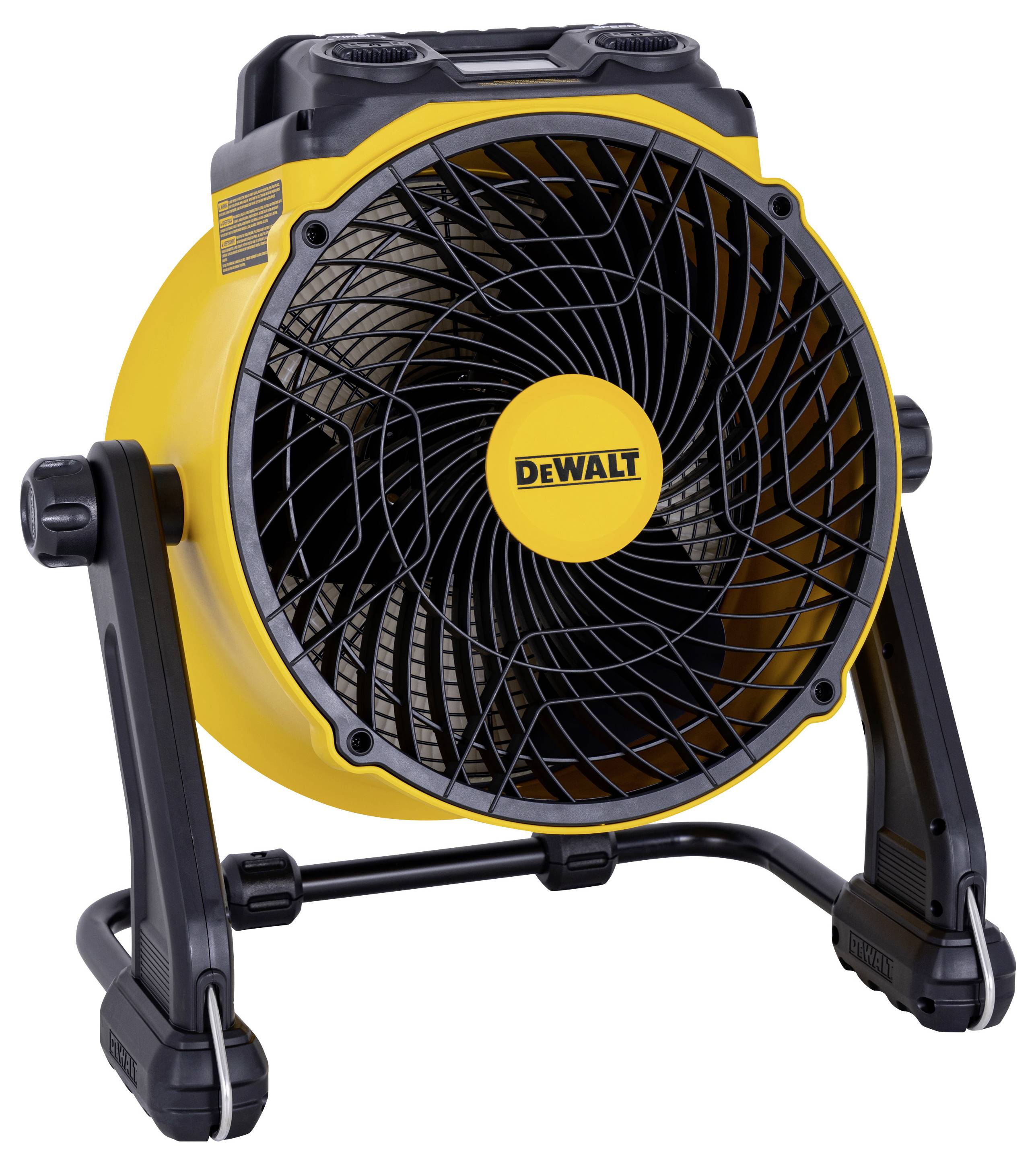 A yellow and black portable fan labeled 'DEWALT' with a circular front grille, standing on a black adjustable base.
