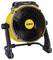 A yellow and black portable fan labeled 'DEWALT' with a circular front grille, standing on a black adjustable base.