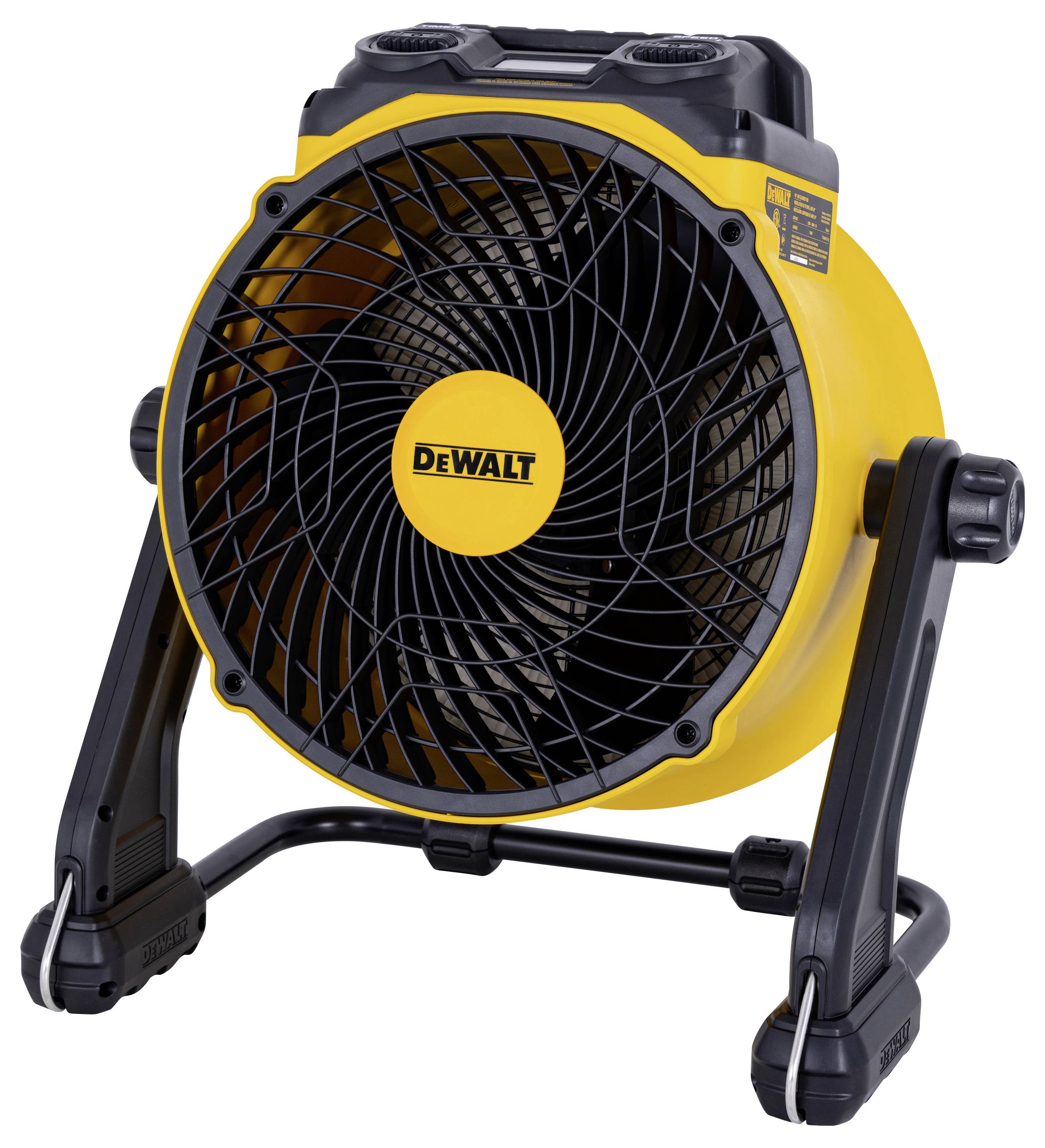 A yellow and black portable fan with the brand 'DeWalt' on the front, mounted on a sturdy base with adjustable angle support.