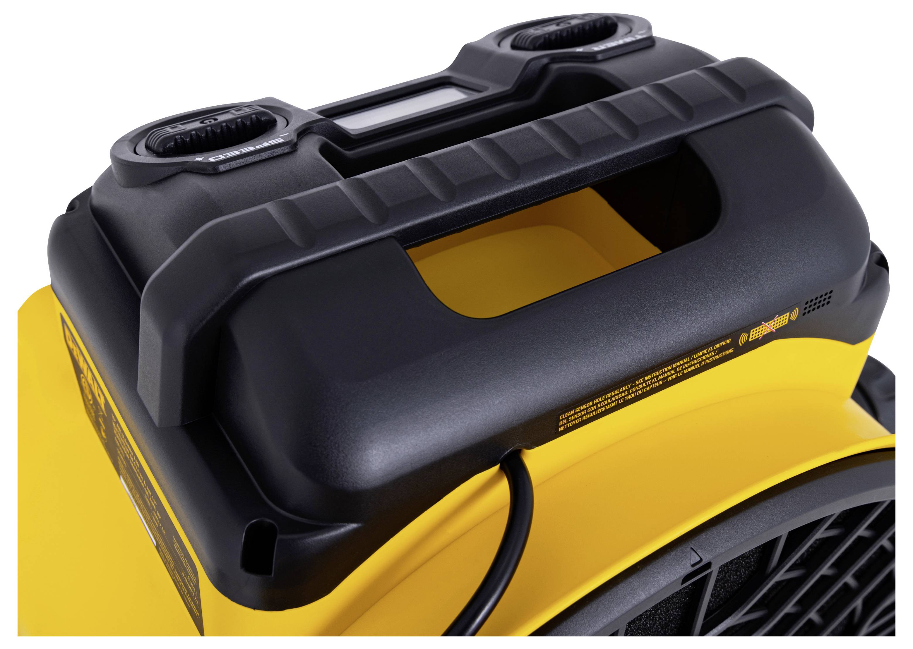 'DeWalt portable air mover' showing a close-up of the handle and control panel on a yellow and black ventilation unit.