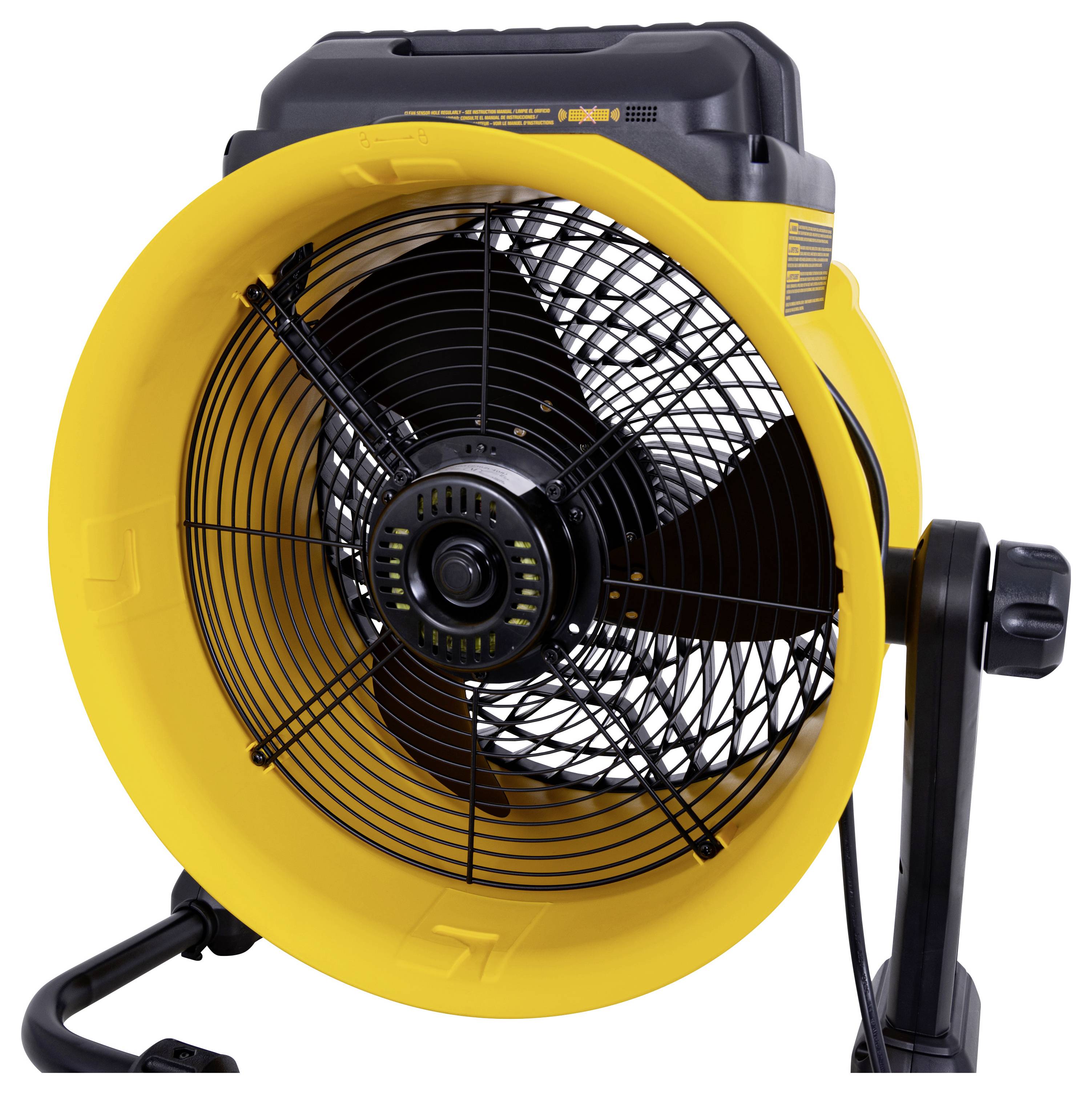 A large yellow industrial fan with a black metal frame and blades, standing on a stable base, used for heavy-duty air circulation.