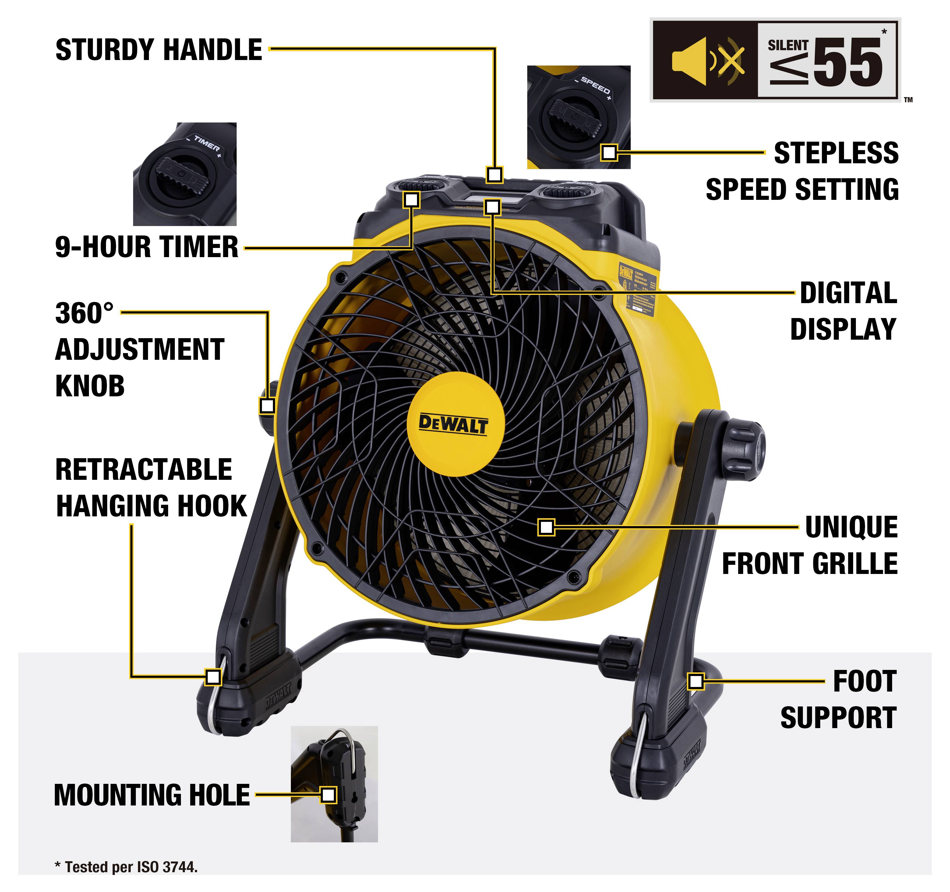 Fan with sturdy handle, 9-hour timer, 360° adjustment, retractable hook, mounting hole, stepless speed setting, digital display, unique front grille, foot support.