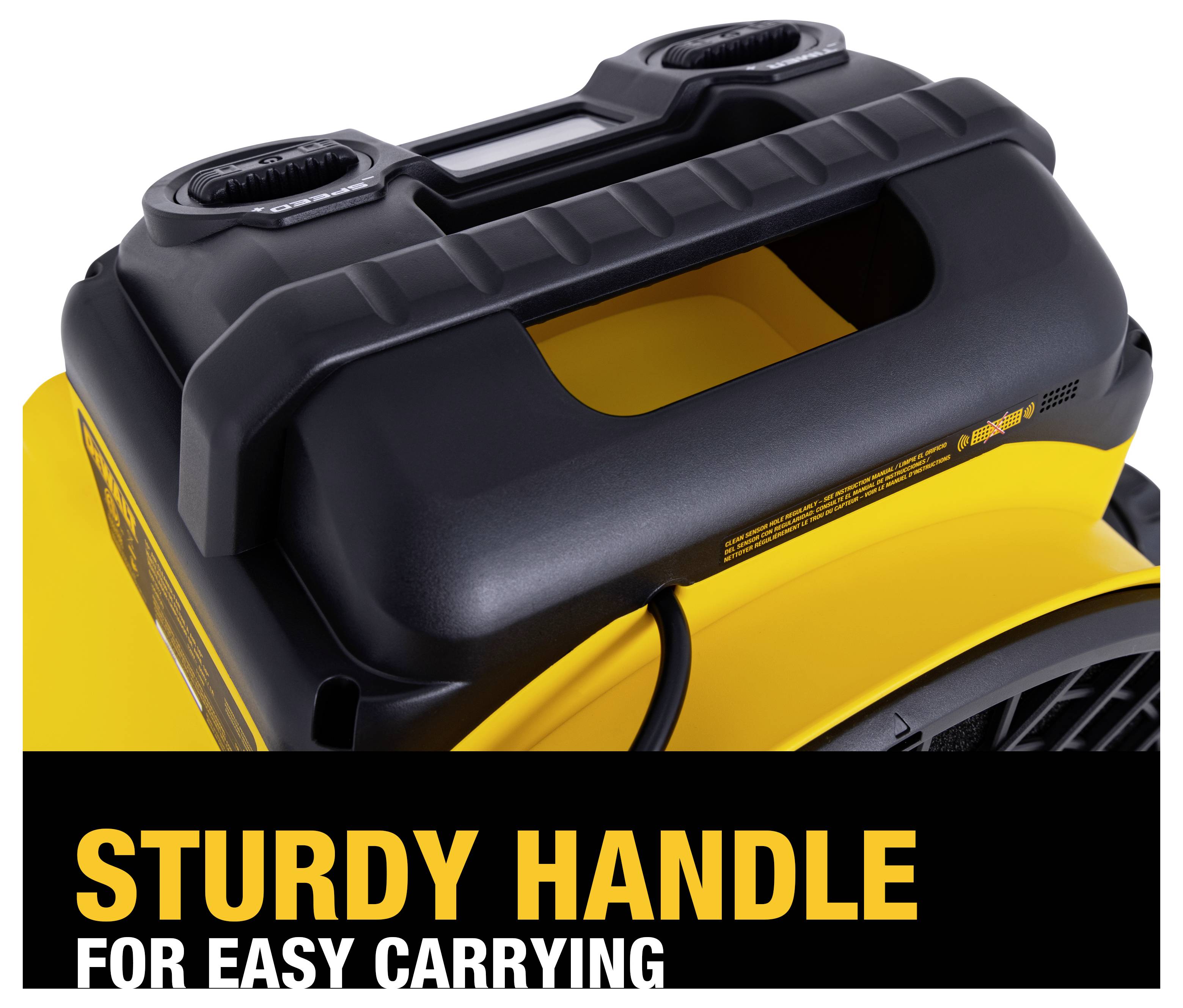 'Sturdy handle for easy carrying' text with an image of a robust, black handle on a yellow object, suggesting durability and convenience.