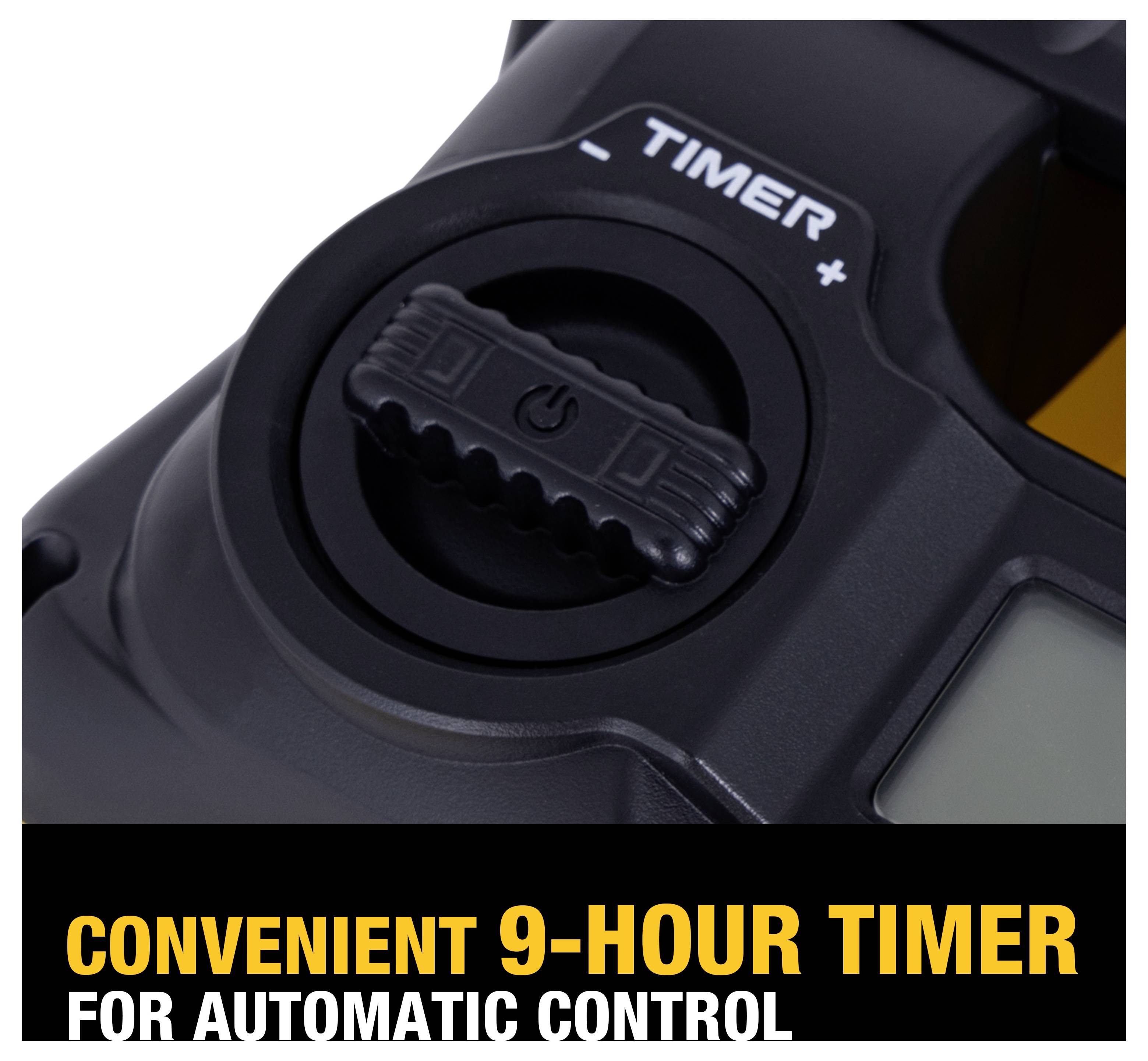 'Convenient 9-hour timer for automatic control' is displayed with an image of a black timer dial featuring a power button symbol.