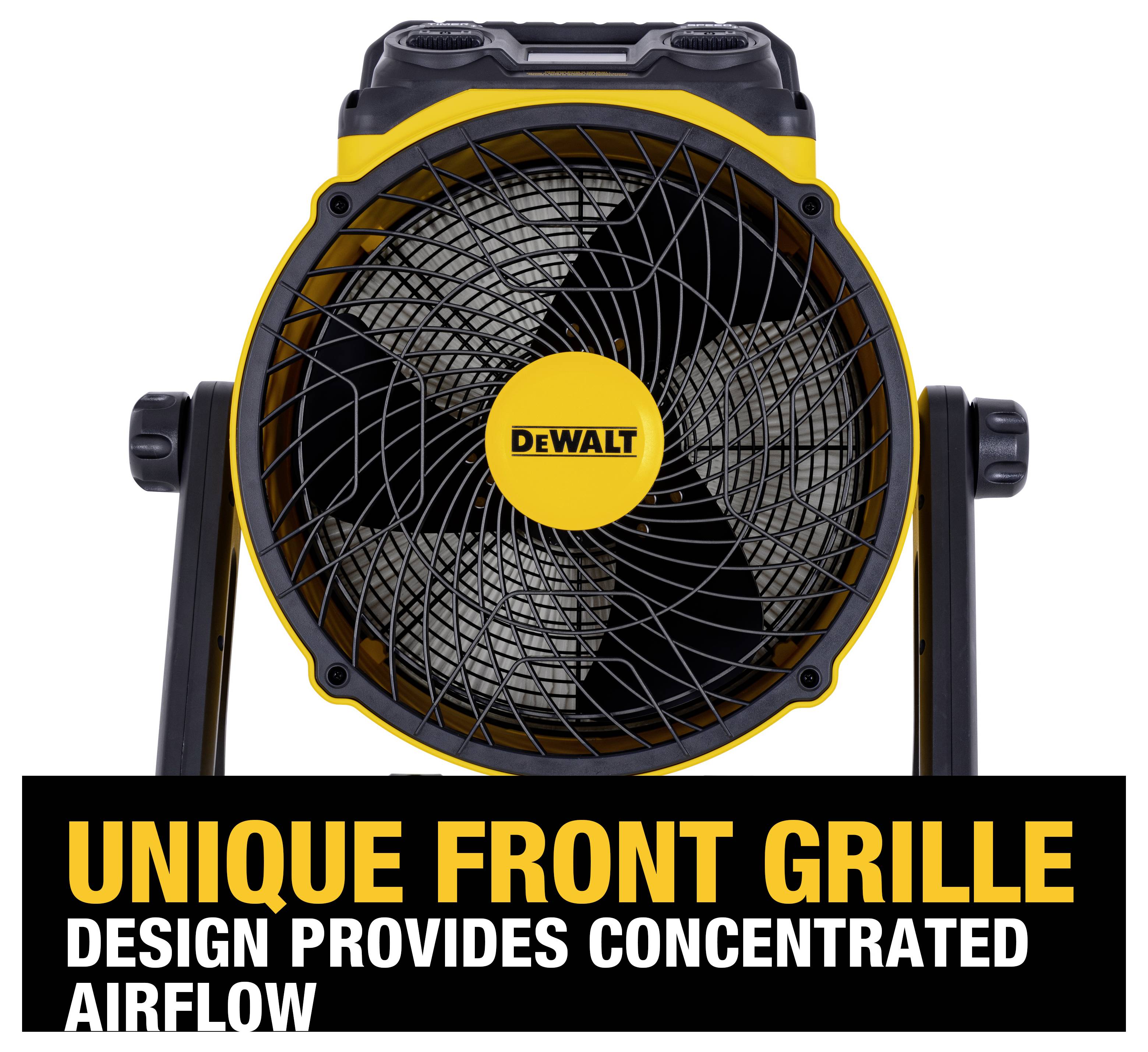 A black and yellow DeWalt fan with a front grille design, claiming to provide concentrated airflow. The fan is on a black stand.