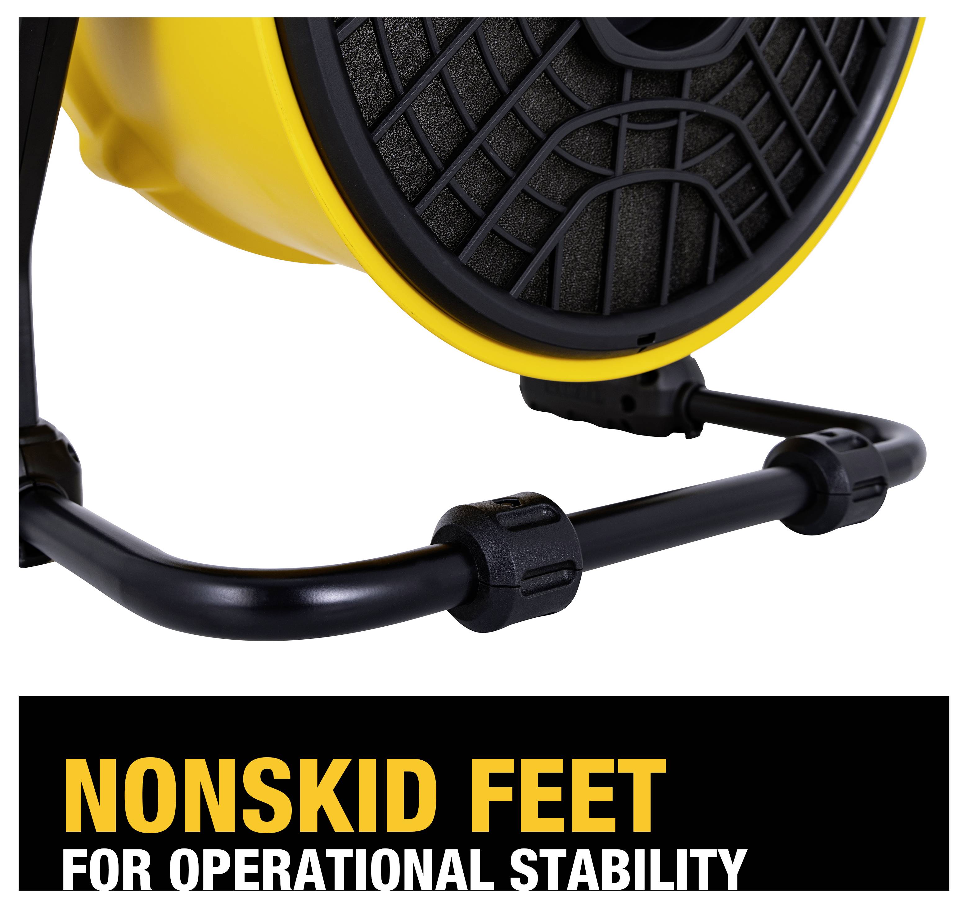 A yellow tool with 'NONSKID FEET FOR OPERATIONAL STABILITY' text below, highlighting its black nonslip base for secure use.