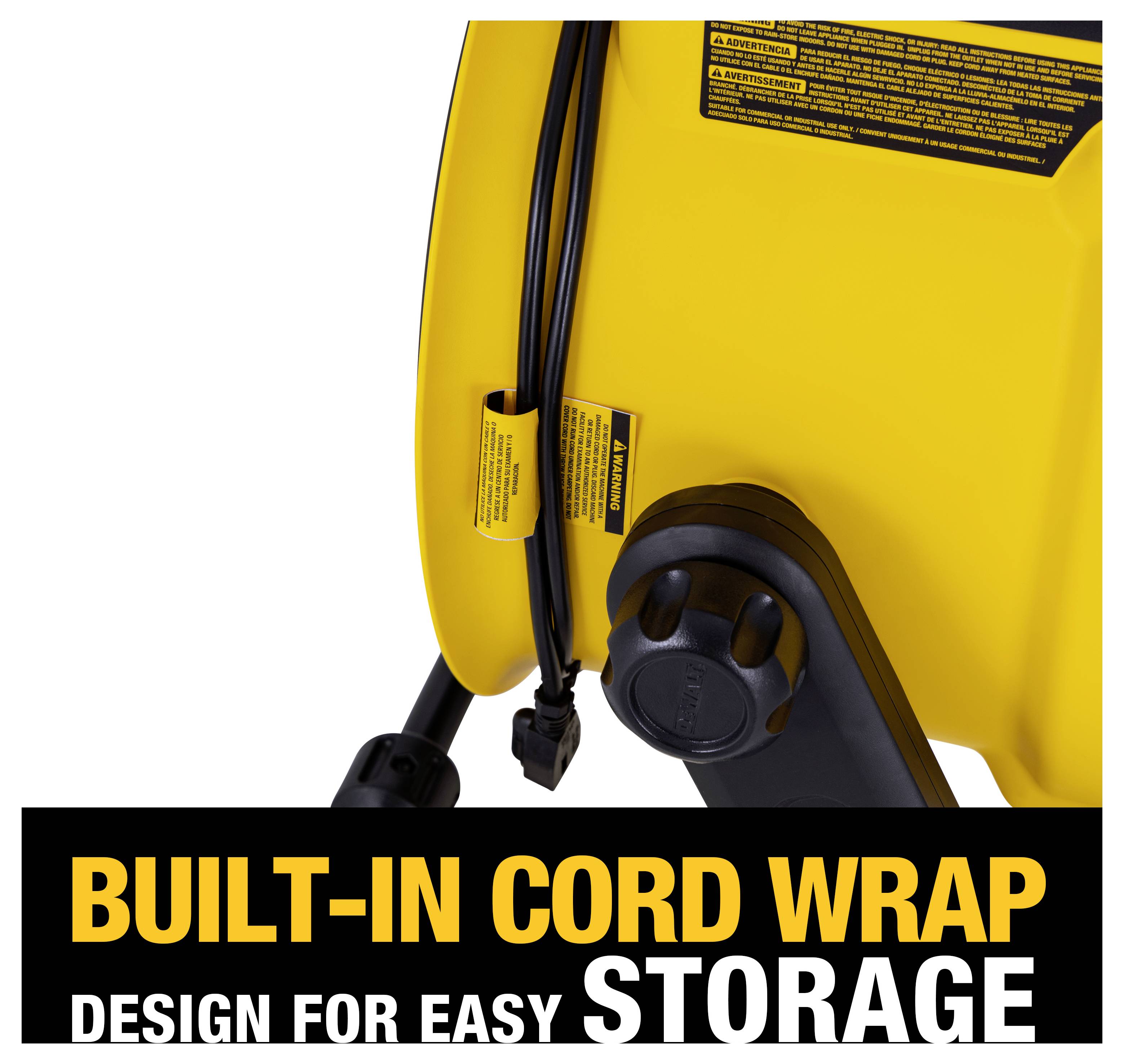 Yellow fan base with built-in cord wrap and attached label. Text overlay reads 'BUILT-IN CORD WRAP DESIGN FOR EASY STORAGE'.