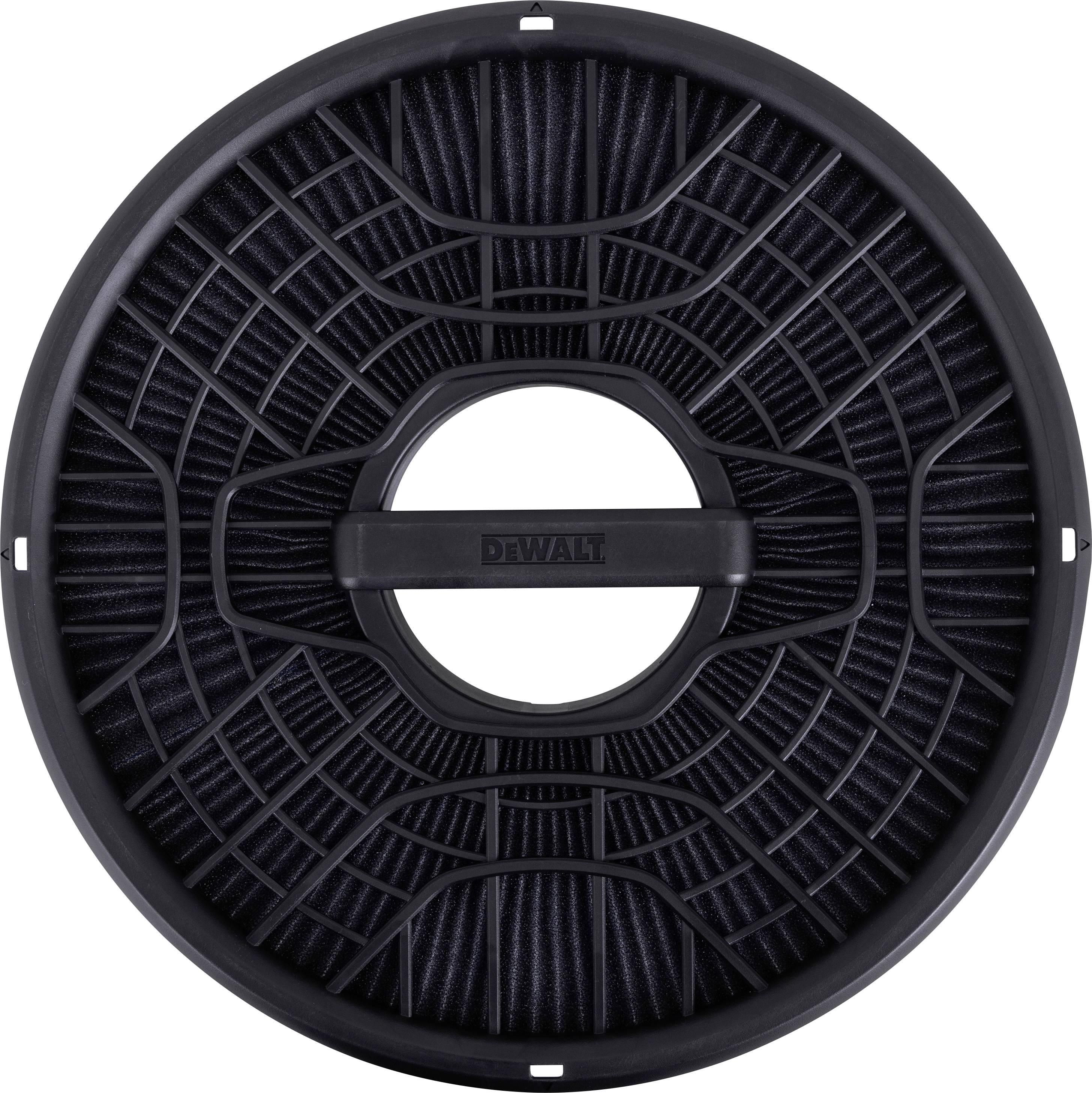 Black circular DEWALT replacement filter with a central opening and radial mesh pattern.<br>