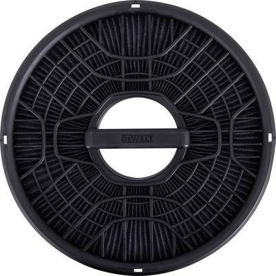 Black circular DEWALT replacement filter with a central opening and radial mesh pattern.<br>