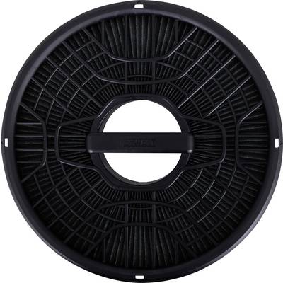 Round black air filter with pleated center and central mounting hub, shown front view on a white background.