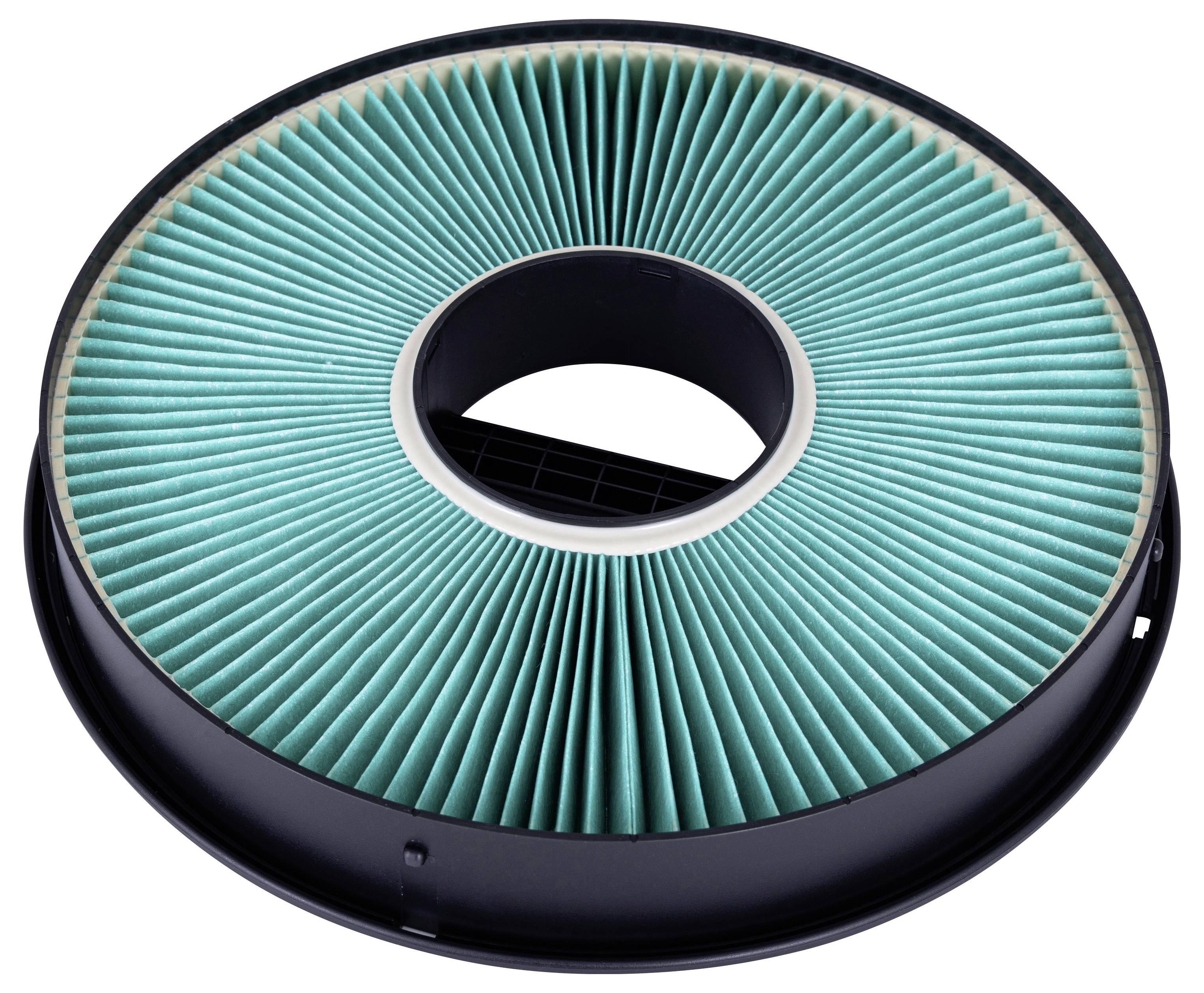 Round pleated air filter with a black outer frame and central opening on a white background.