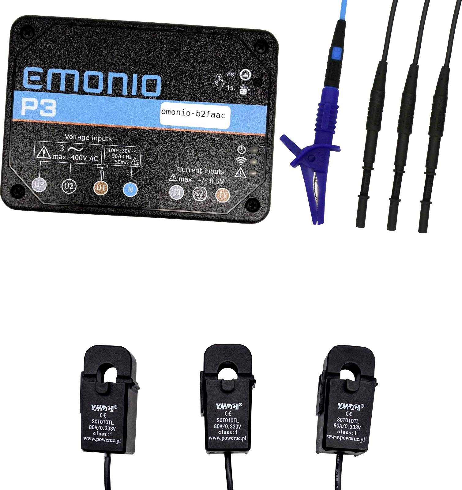 'Emonio P3' energy monitoring device with voltage inputs, connected sensors, and current clamps. Used for electrical data tracking.