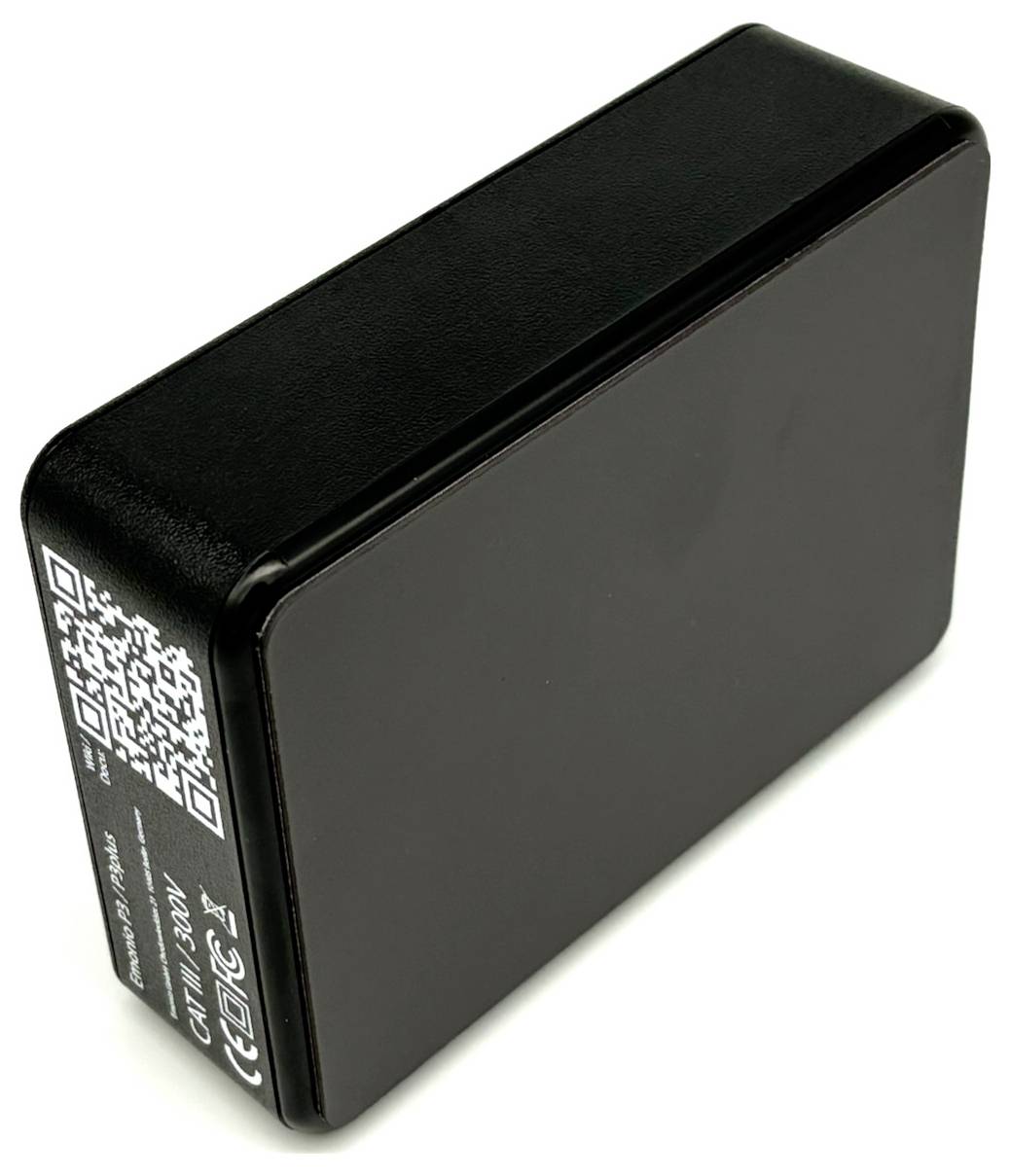 A black, rectangular electronic device with rounded edges featuring QR codes and technical labels on its side.