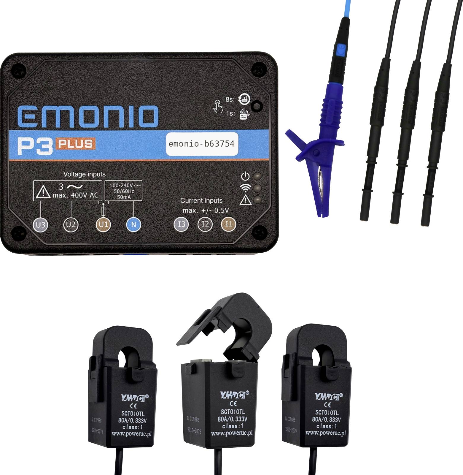 'EMONIO P3 Plus' energy monitoring device with color-coded voltage inputs, LCD display, and three current transformer clamps.