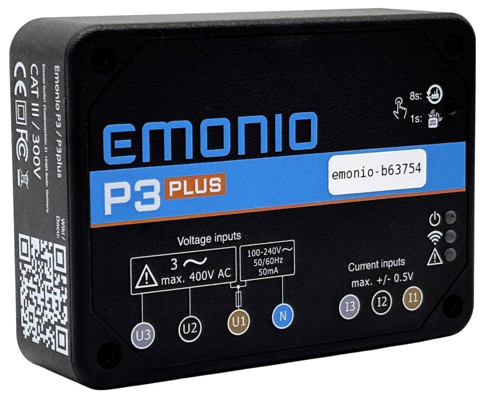 Device labeled 'emonio P3 PLUS' with voltage inputs 'max. 400V AC' and current inputs 'max. +/- 0.5V'. Serial number 'emonio-b63754'.