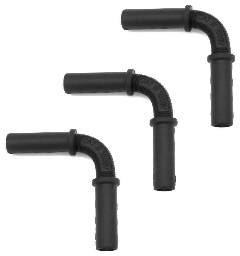 Three L-shaped black rubber pipes with ridged edges and inscriptions. Positioned in a triangular arrangement against a plain background.