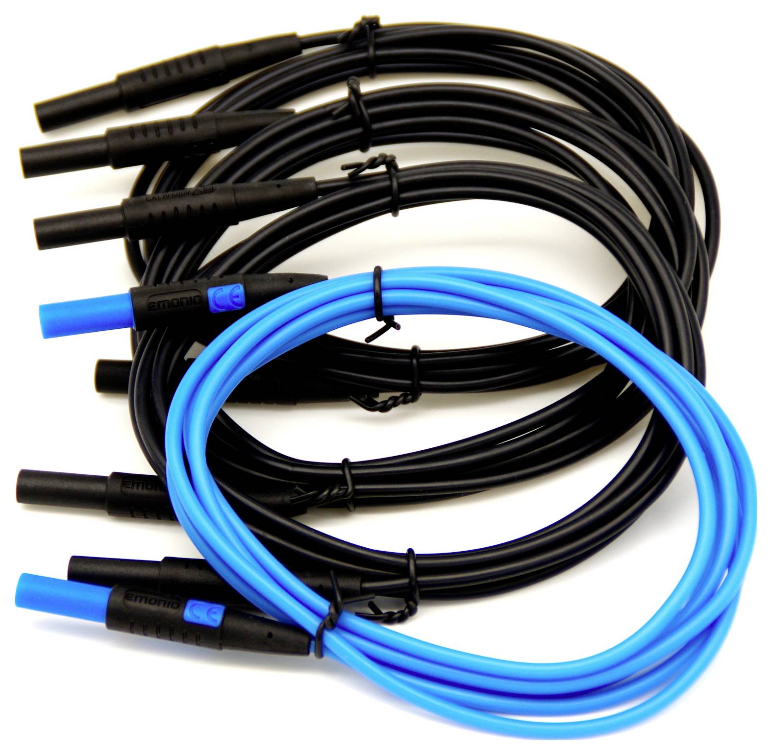 Black and blue silicone jumper wires with clips, coiled and ready for use in electronics or electrical testing.