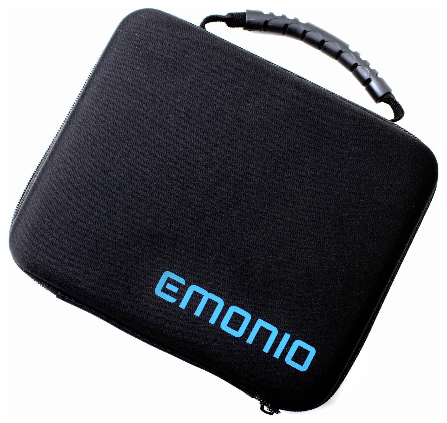 A black carrying case with a textured handle, featuring the word 'EMONIO' in blue on the front.