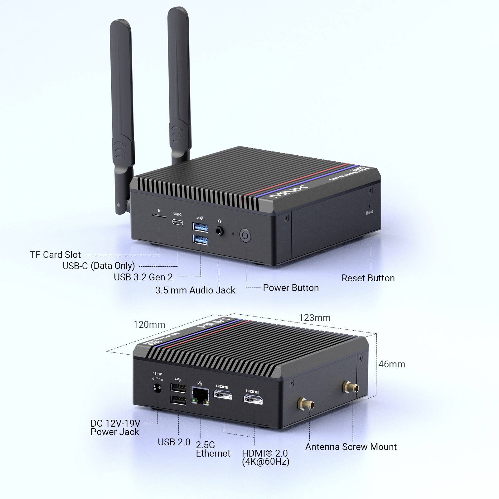 'Mini PC with dual antennas, featuring ports: TF card slot, USB-C (data only), USB 3.2 Gen 2, USB 2.0, HDMI 2.0, 2.5G Ethernet, DC power, 46x120x123mm dimensions.'